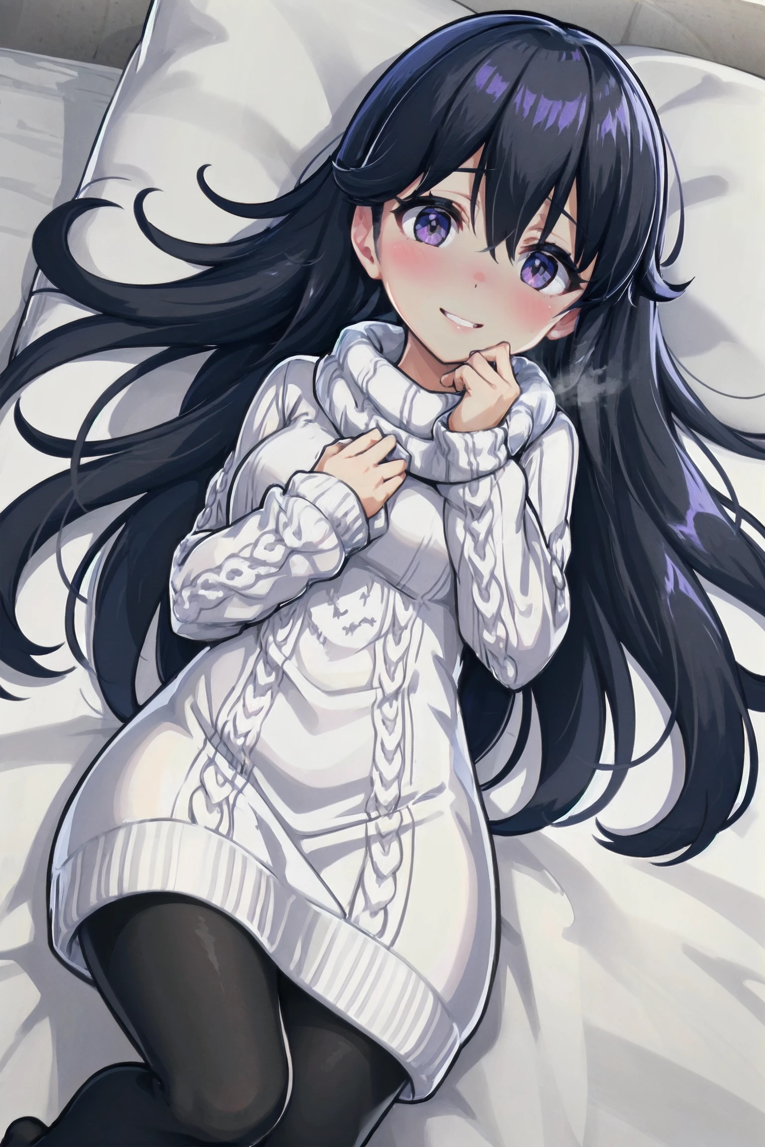 absurdres, high detail, 4k, white room, bed, bed sheet,
lying, on back, hands on own cheek, shy, seductive smile, parted lips, full-face blush, steam,
kamisaman, aran sweater, cable knit, long sleeves, white sweater, sweater dress, black pantyhose, no shoes
<lora:MGCM-kamisaman-t1:0.9>