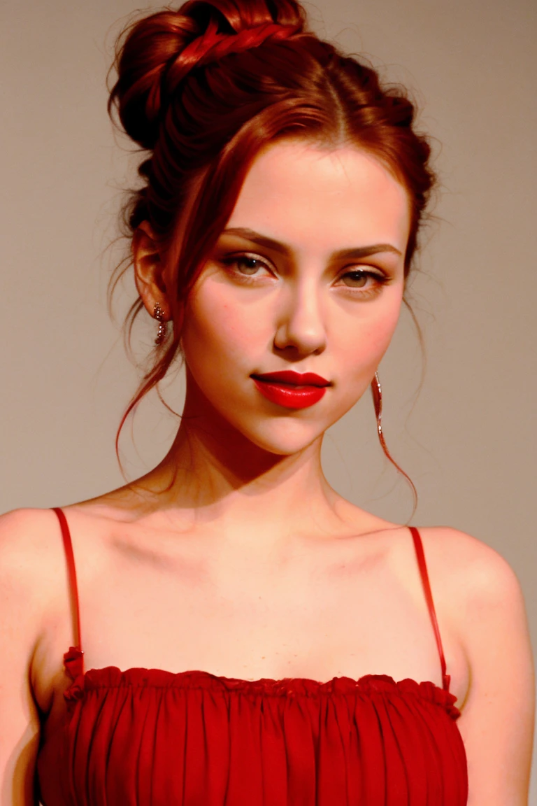 scarjo-600, ((dark red hair)),((detailed eyes, beautiful eyes, detailed face, beautiful face):1.2), ((red lipstick, blush)),  , photo of a woman, walking, fashion show, beautiful clothes, serious, ((modeling runway, fancy updo, hair up, hair in bun))