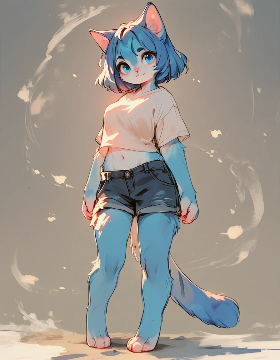 score_9, score_8_up, score_7_up, score_6_up, score_5_up, score_4_up,source_furry,

cute blue furry cat female,
animal nose, detailed eyes, blue eyes,
short hair, blue hair, white fur, fluffy fur, cat tail,

shirts and short pants,

large breasts, navel,

full body, looking at viewer,leaning forword,

simple background,