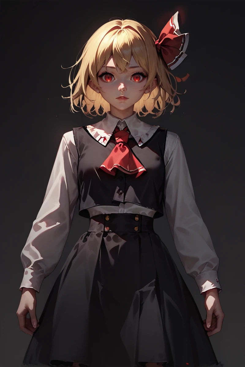 score_9, score_8_up, score_8, score_9, 1 girl, source_anime, black vest, white shirt, long sleeves, black skirt, blonde hair, red eyes, red ascot, hair ribbon, rumia, <lora:rumia_pony-10:1>,   <lora:Concept Art DarkSide Style LoRA_Pony XL v6:0.8> concept art, realistic, dark theme, low light,