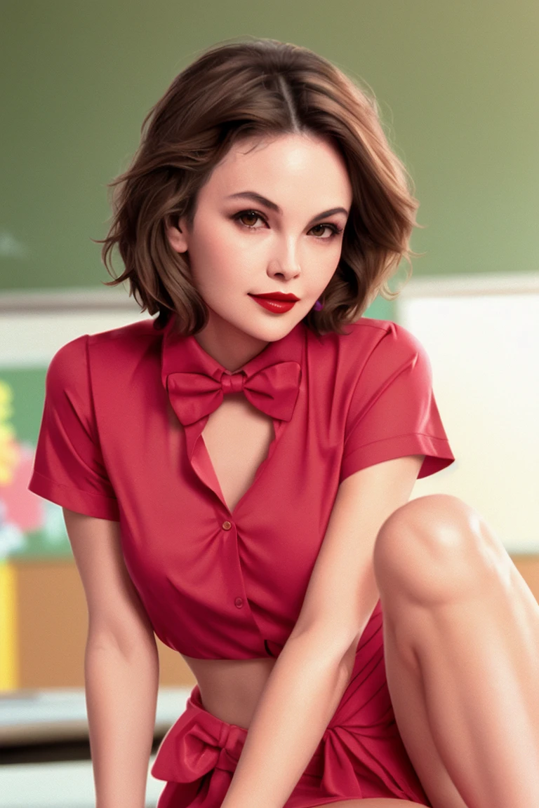dianelane-630, ((red lipstick, blush)), cowboy shot, ,photo of a woman, RAW, ((bowtie, shirt)),((short hair)), ((classroom, sitting)), slim body, 8k uhd, dslr, soft lighting, high quality, film grain, Fujifilm XT3 sharp focus, f 5.6,((red lipstick, blush)) , slight smile