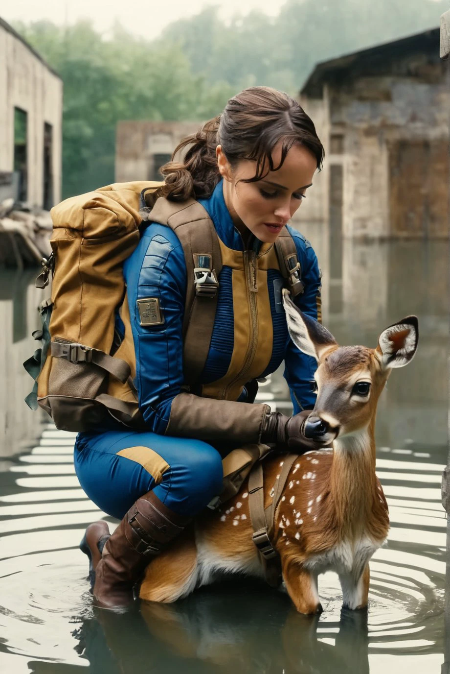 falloutcinematic, Lucy MacLean, vault dweller jumpsuit, kneeling, brown hair, backpack, jacket, gloves, solo, bag, faun, baby deer, animal, outdoors, flooded building exteriors, water, post apocalypse, , 1girl, realistic
