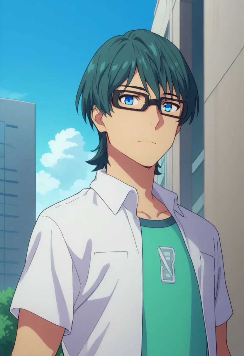 score_9, score_8_up, score_7_up, source_anime, highly detailed, 
utsumi, 1boy, male focus, solo, glasses, blue eyes, upper body, shirt,
open shirt, collared shirt, t-shirt, green t-shirt, green hair,
outdoor, sky, clouds. buildings,