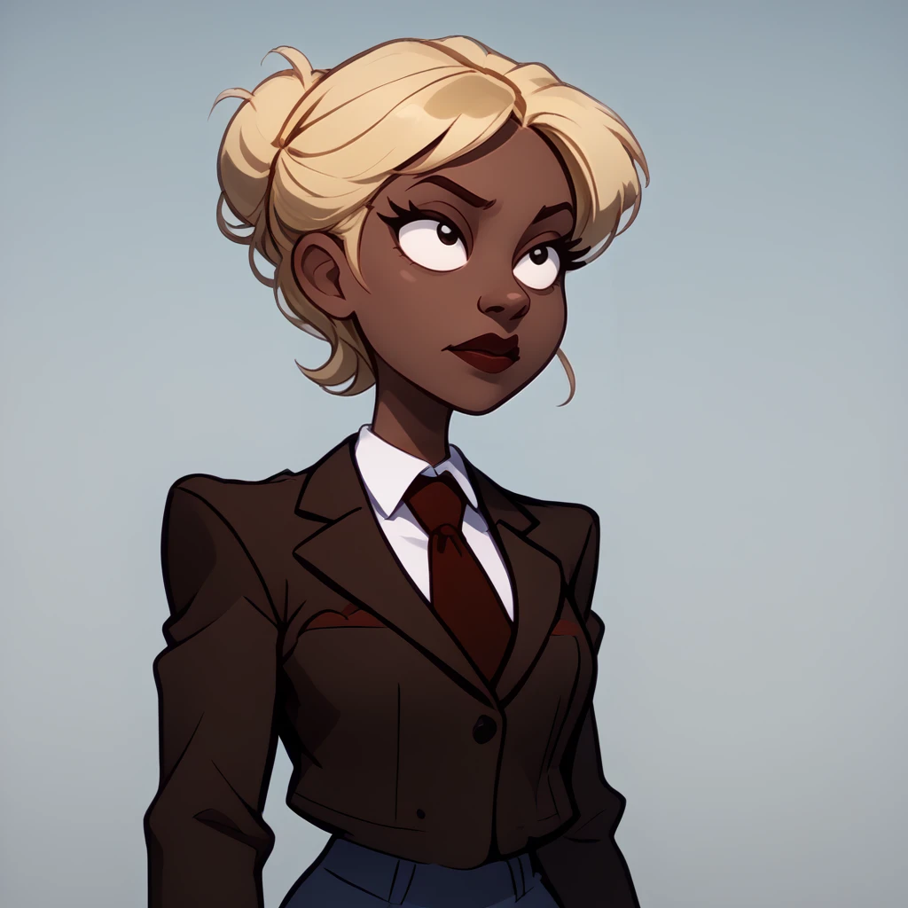 <lora:Jonathan_Kraskell_-_Rugrats_1992-10:1> 1girl, solo, female focus, dark skin, dark-skinned male, parody, blonde hair, red tie, green double button suit jacket, jacket, formal, suit, white shirt, shoulder pads, necktie, pants, brown footwear, shoes, upper body, source_cartoon, score_9, score_8_up, score_7_up,