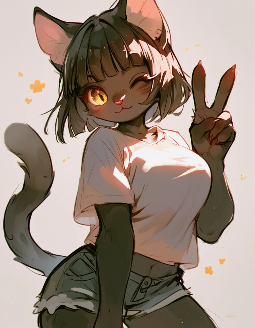 score_9, score_8_up, score_7_up, score_6_up, score_5_up, score_4_up,source_furry,

cute black furry cat female,
animal nose, detailed eyes, golden eyes,
short hair, blunt bangs, black hair, black fur, black skin, fluffy fur, cat tail,

wink, v sign,

shirts and short pants,

large breasts, navel

upper body, looking at viewer,leaning forword,

simple background, light clear pastel color,