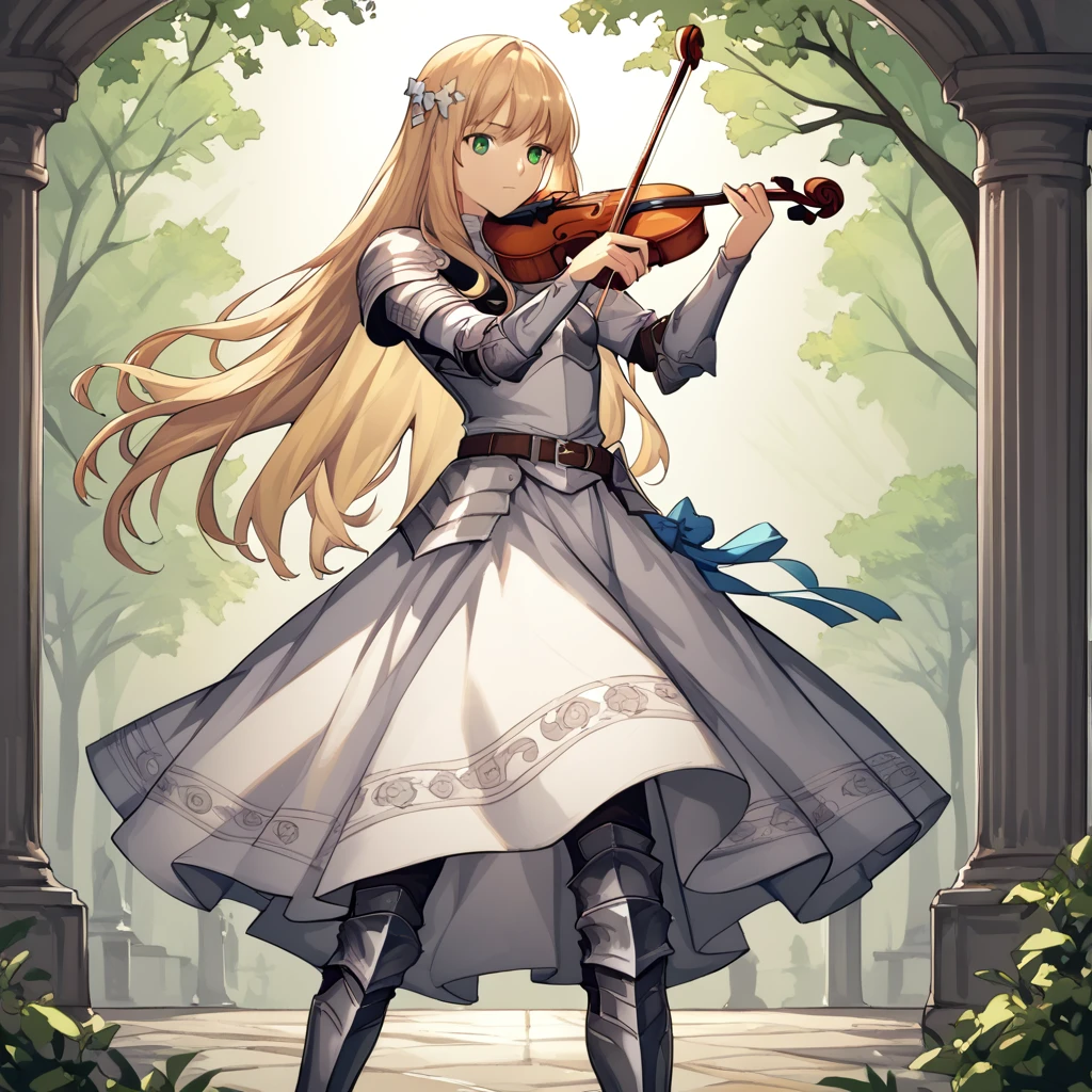 (((holding_violin, holding_bow(music)))), source_furry, rating_explicit, sorce_anime, score_8_up,  cowboy shot,  <lora:holding_violin_holding_bow_music:0.8> secnary, spotlight, park <lora:NoraDG_PDXL-v01:0.8> NoraDG, , long hair, blonde hair,green eyes, hair ornament, ,  armored dress, belt boots, shoulder armor, breastplate, armored boots,