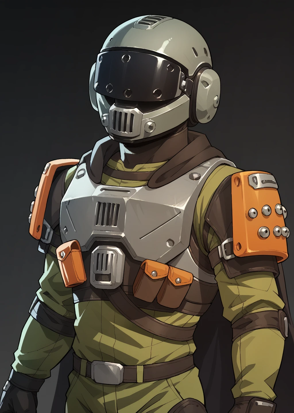 <lora:SC-37_Legionnaire_from_Helldivers_2_Pony-000003:0.6>, dark background, portrait, looking ahead,
solo, male, helmet, armor, gloves, olive bodysuit, orange ornament, shoulder armor, faceless, grey helmet, black visor, cape,
 <lora:balsamique-guy-PONYv1:0.7>, BREAK score_9, score_8_up, score_7_up, score_6_up, score_5_up,