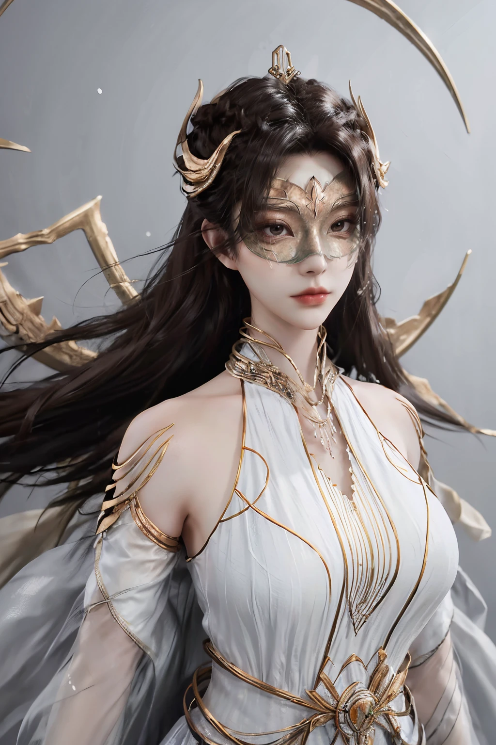 <lora:RuthlessEmperor:1>,henrendadi,1girl,solo,brown hair,long hair,white dress,dress,upper body,hair ornament,bare shoulders,looking at viewer,mask,detached sleeves,floating object,
<lora:give it a name:0.4>,<lora:Detail Tweaker LoRA (ç»èè°æ´):0.4>,simple background,grey background,bling,