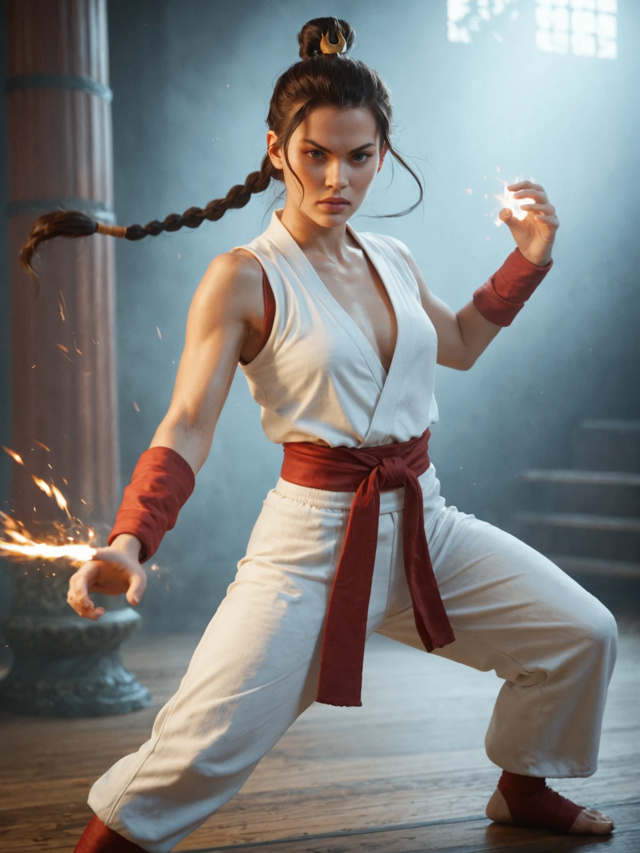 1girl, Fire bender, sexy outfit, flames, sparks, dynamic, powerful, elemental, magic, intense, gaze, martial arts stance, energetic, mystical, sparks, swirling, orange, red, fierce, background, realistic, score_9, score_8_up, score_7_up, score_6_up