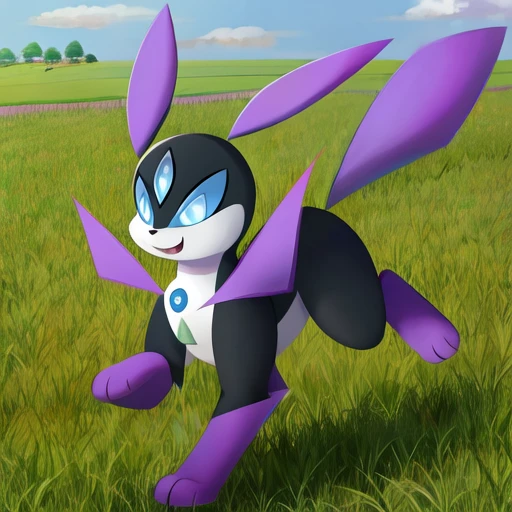 <lora:Nucleon MERGER A:0.7>,nucleon \(fakemon\),third eye,purple ears,Purple tail,purple paws,3 toes,black body,nuclear symbol on chest,feral,blue eyes,
Front view,running,field,
Happy,