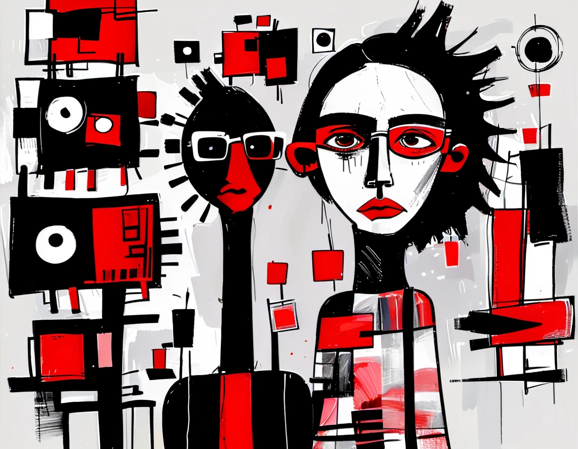 { coffee machine | teacher | cat | city | toaster | computer | woman | girl | harvester }, red white and black, modern abstract style

