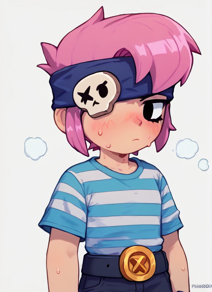 score_9, score_8_up, score_7_up,   <lora:bspenny:1> bspenny ,1girl , pink hair , short hair, black eye ,   bandana,  one eye covered   ,hairband  , eyepatch,  , striped shirt, belt,black pants ,blush,  <lora:PossumMachine:1>posmach ,sweat, solo