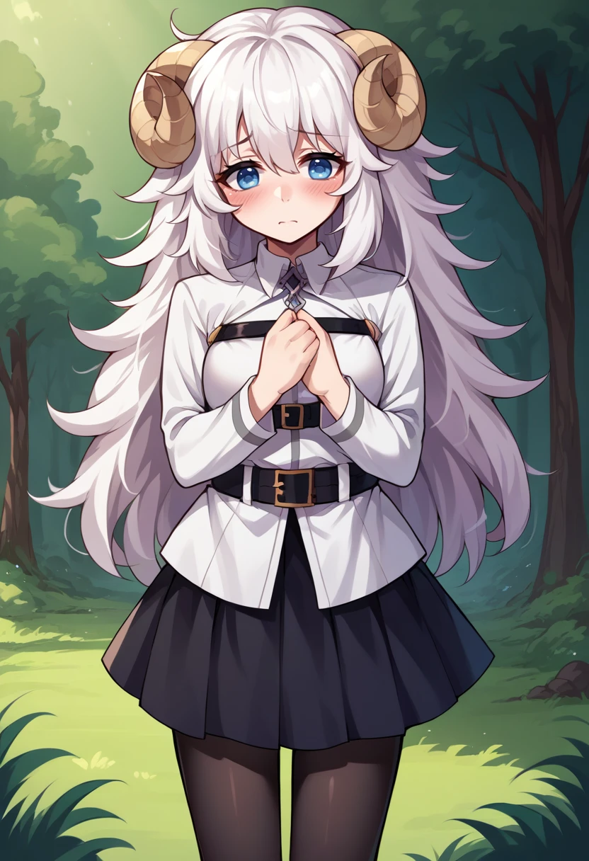 score_9, score_8_up, source_anime, 1girl, solo, white hair, blue eyes, long hair, messy hair, sheep girl, sheep horns, pale skin, ChaldeaUniformFemaleUniform, chaldea uniform, belt, black skirt, black pantyhose, outdoors, forest, shy, blush, panic, !, <lora:ChamChaldeaUniformPonyXL:1>