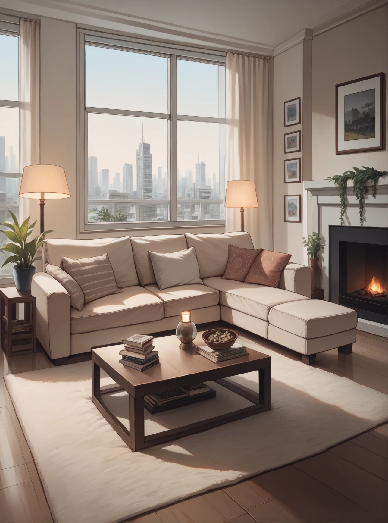 score_9, score_8_up, score_7_up, score_6_up, score_5_up, score_4_up, hud_lr_mdrn, living room, indoors, window, couch, plant, <lora:modern_lr-000008:1>, window, cityscape, table, lamp,