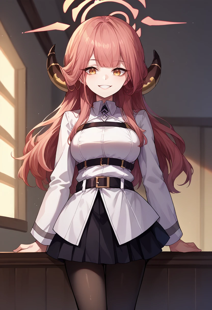 score_9, score_8_up, source_anime, 1girl, solo, RikuhachimaAru, long hair, horns, halo, ChaldeaUniformFemaleUniform, chaldea uniform, belt, black skirt, black pantyhose, indoors, smile, <lora:ChamChaldeaUniformPonyXL:1>, <lora:ChamRikuhachimaAruPonyXL:1>