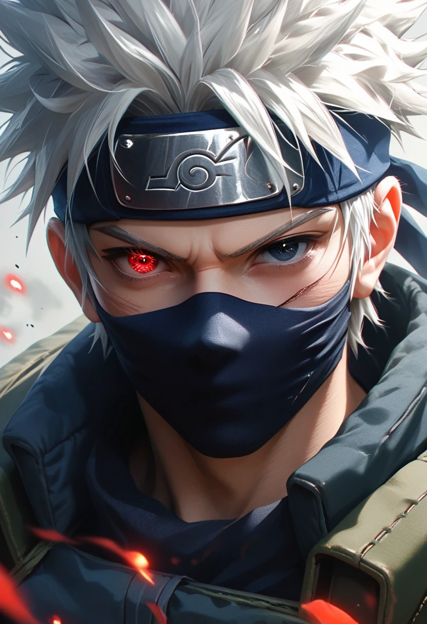 EnD_CGI Style, solo, looking at viewer, red eyes, 1boy, white hair, male focus, black eyes, blood, mask, glowing, heterochromia, scar, portrait, scar on face, realistic, mouth mask, scar across eye, ninja, glowing eye, forehead protector, konohagakure symbol, score_9, score_8_up, score_7_up, score_6_up, score_5_up, score_4_up,