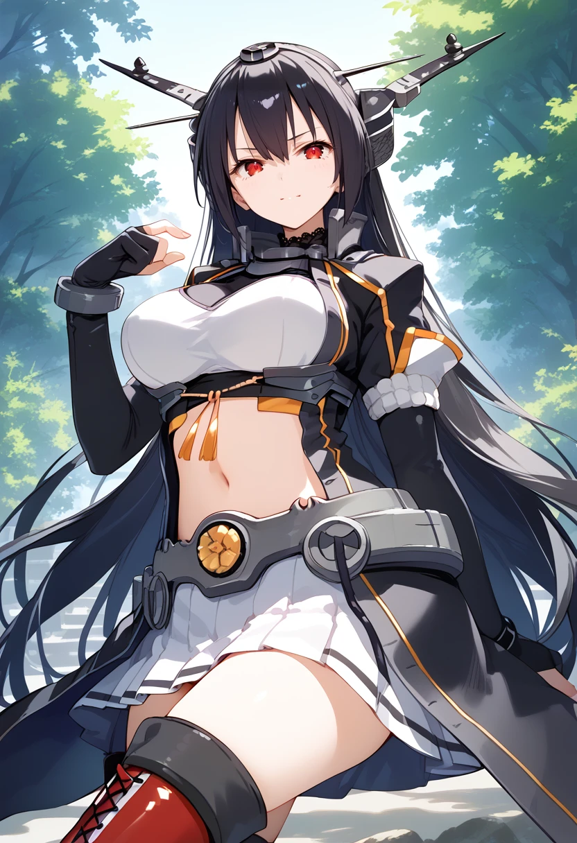 masterpiece, best quality, highres, aanagato, long hair, headgear, hairband, collar, coat, elbow gloves, fingerless gloves, black gloves, midriff, pleated skirt, white skirt, garter straps, thighhighs, <lora:nagato_(kancolle)_v1:0.7>, field, from side, standing