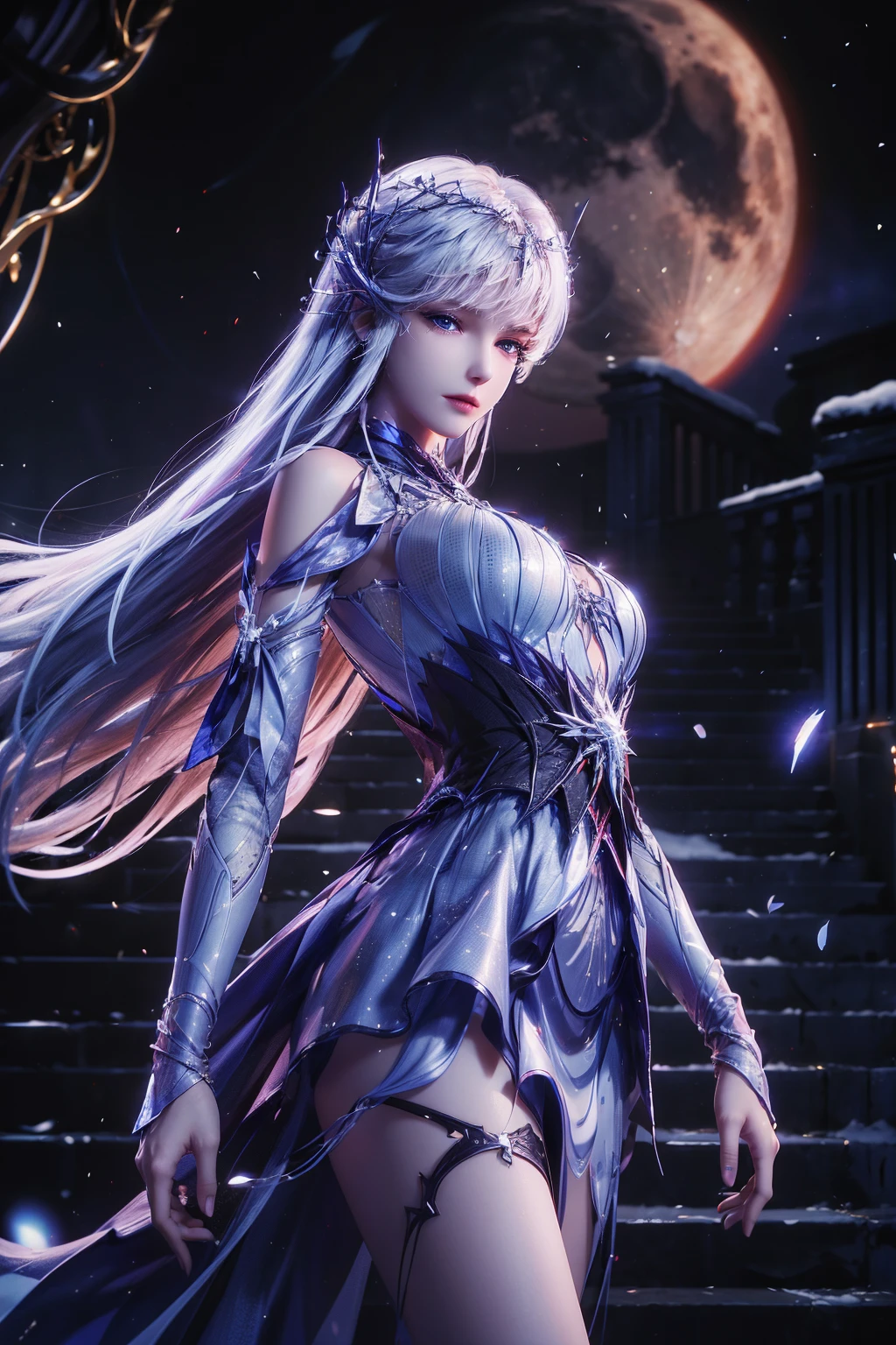 1girl, solo, long hair, breasts, looking at viewer, blue eyes, hair ornament, dress, standing, white hair, outdoors, detached sleeves, sky, petals, night, blue dress, moon, night sky, snow, full moon, stairs<lora:EMS-392252-EMS:0.800000>, <lora:EMS-179-EMS:0.400000>, <lora:EMS-380581-EMS:0.800000>