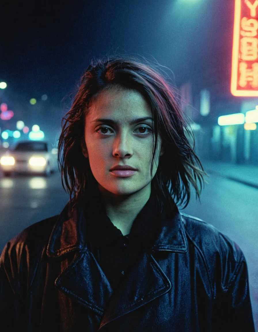 <lora:SalmaHayekSDXLv2:1>, slmhyk1 woman, film_grain, movie_scene, city street, neon, fog, volumetric, closeup portrait photo of young woman in dark clothes