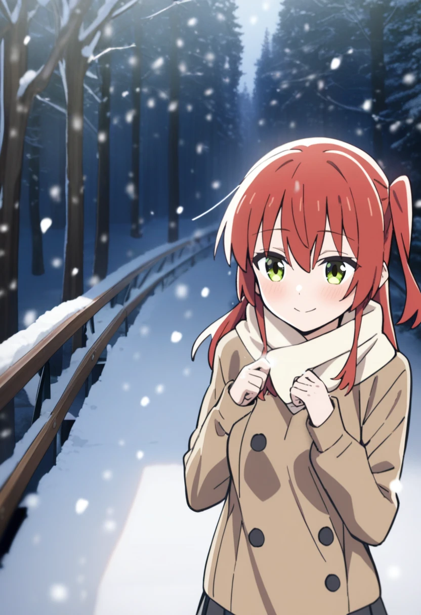 1girl, kita ikuyo, bocchi the rock!,
long hair, red hair, green eyes, side ponytail, medium breasts, sweater, scarf, light smile,
winter, snowing, snow, forest,
masterpiece, best quality,