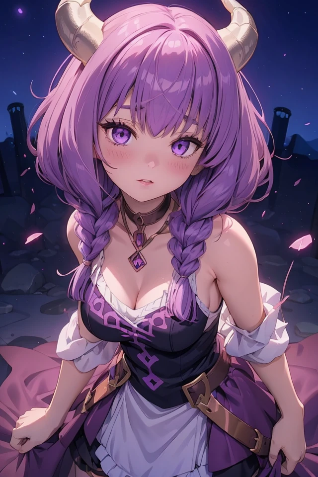 (FBJE_Aura), 1girl, solo, looking at viewer, twin braids, purple hair, breasts, choker, Long bob cut, bangs, blush, demon horns, purple eyes, black ruffled dress,