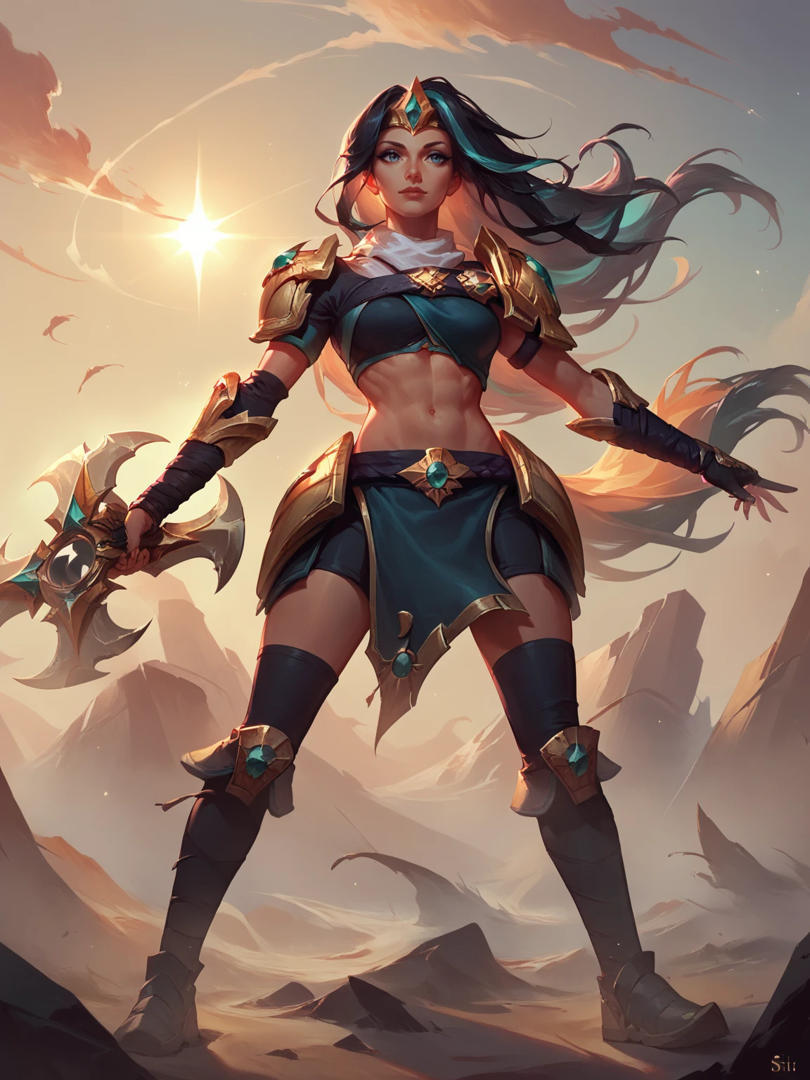 score_9, score_8_up, score_7_up, BREAK, Sivir, 1girl, solo, long black hair, goled diadem, white scarf, bandages on the chest, golden shoulder pad, armored shorts, armored bracers, black boots, golden boomerang, sunset, shimmering light, stars in sky, dust storm, Concept Art  <lora:SivirNormal:1>   <lora:Concept Art Twilight Style SDXL_LoRA_Pony Diffusion V6 XL:1>