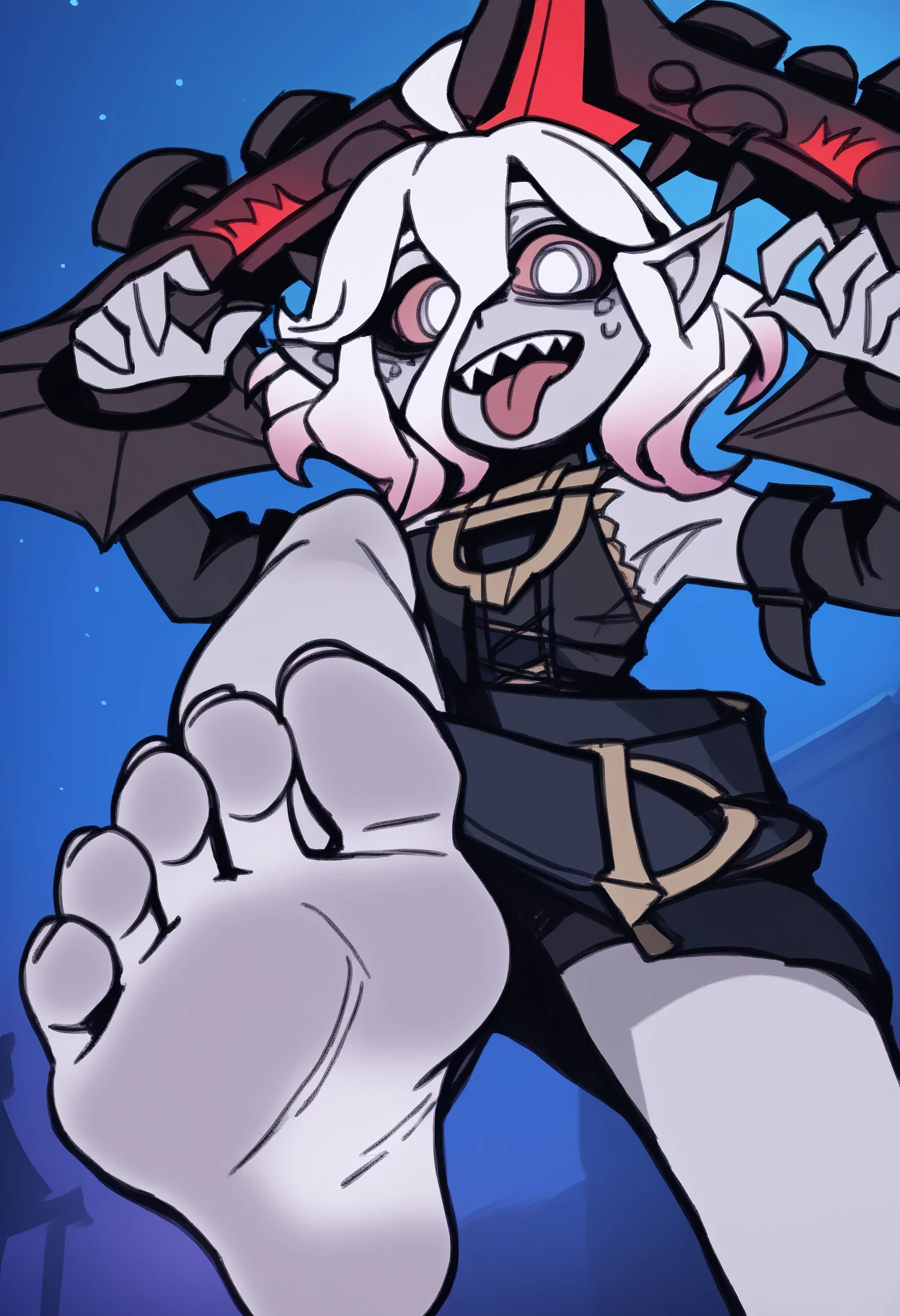 in a bikini, mid view from below her feet, high soles, feet posing, low view, detailed foot pov, legs taking your pov, high arches, big feet, looking from slightly below, very low angle, 8 feet from the camera, view from below, low angle, very sweaty, barefeet, solo, 1girl, demencia, evil grin, looking at viewer, yellow eyes, striped, vest, sleeveless, hood, horns, thighhighs, fingerless gloves, jewelry, bracelet, spikes