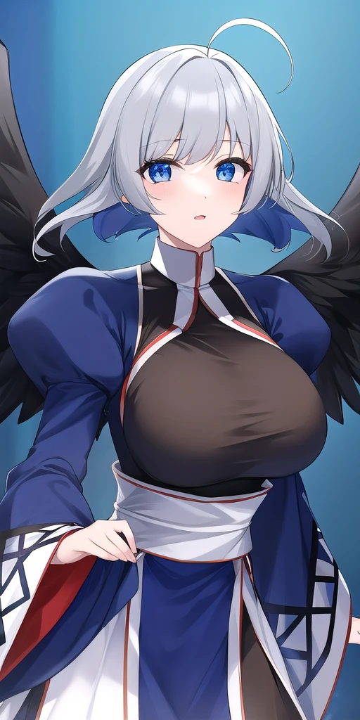 <lora:KamyuV5:.8> Kamyu_short_hair, huge_breasts, standing, solo, Black_china_dress_black_pelvic_curtain_white_overskirt_blue_detached_sleeves_puffy_long_sleeves_blue_sash_thighs, black_angel_wings, masterpiece, best_quality, detailed_face, detailed_eyes, highres, beautiful, detailed, absurdres,