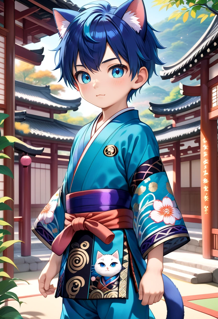 straight on shot, standing,detailed eyes, village,
 <lora:cutifiedanimecharacterdesign_variant_type_G_SDXL_v10:0.7>, 1boy, type-g, cat boy, blue hair, Kimono, long pants, 
(masterpiece:1.2), best quality, high resolution, unity 8k wallpaper, (illustration:0.8), (beautiful detailed eyes:1.6), extremely detailed face, perfect lighting, extremely detailed CG, (perfect anatomy),
 <lora:age_slider_v4:1.2>