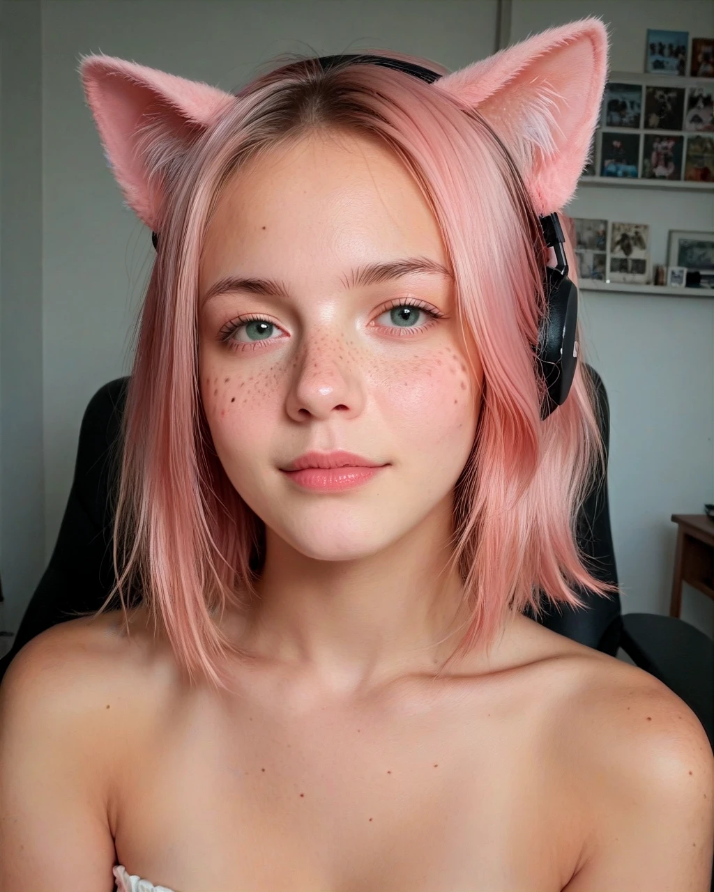 score_9,score_8_up, score_7_up, photograph of a cute gamer girl, pale skin, pink hair, medium hair, freckles, headphones, cat ears