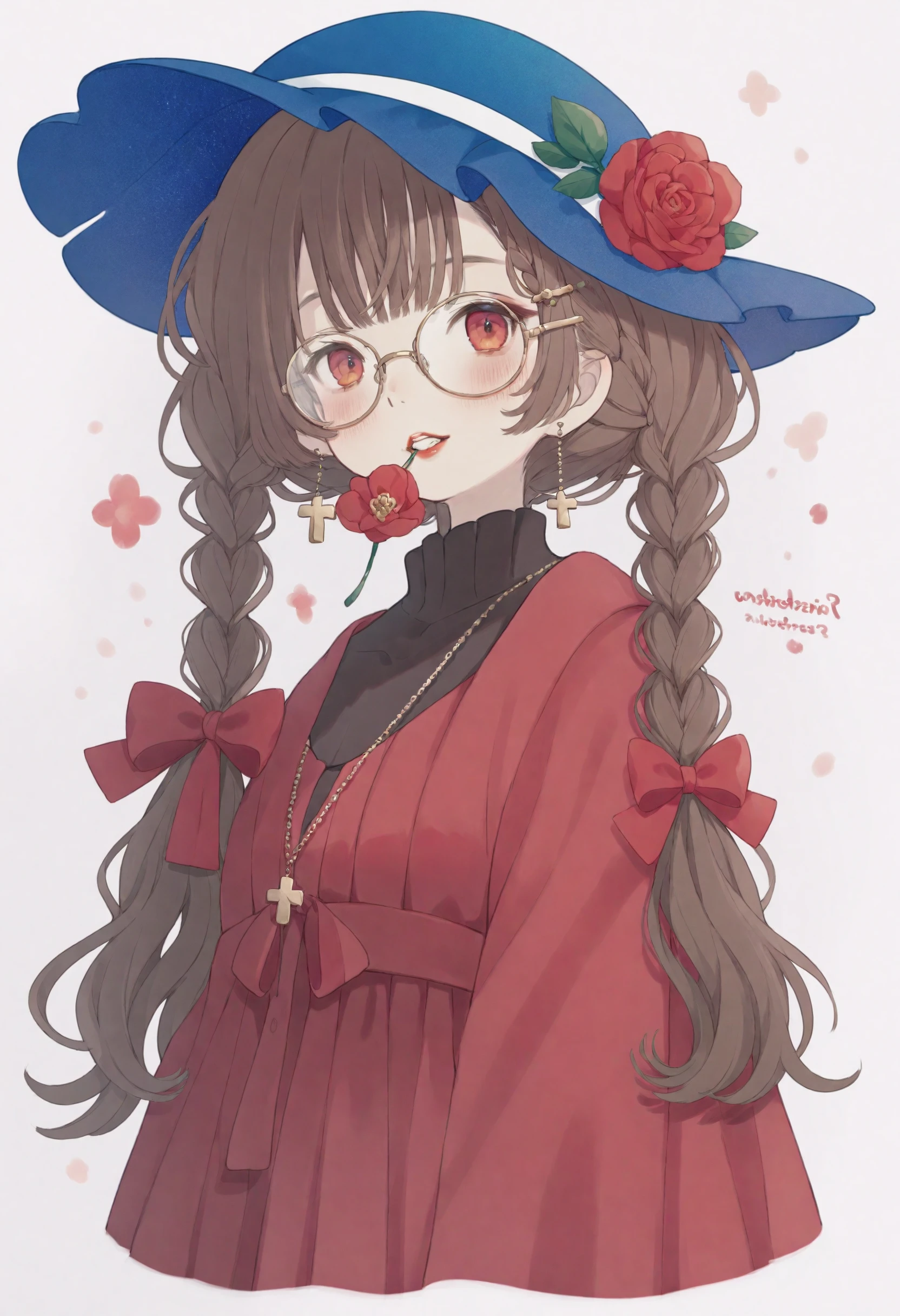 1girl,
solo, looking at viewer, flower, mouth hold, multicolored hair, abstract, upper body, ribbon, brown hair, bow, hat, streaked hair, colorful, rose, gradient hair, necklace, glasses, long hair, cross necklace, eyewear on headwear, teeth hold, red eyes, red flower, cross, hat ribbon, jewelry, red rose, hair between eyes, twin braids, hair bow, red lips, braid,
masterpiece, best quality
<lora:sirahoXLlokr4f-000181:0.95>