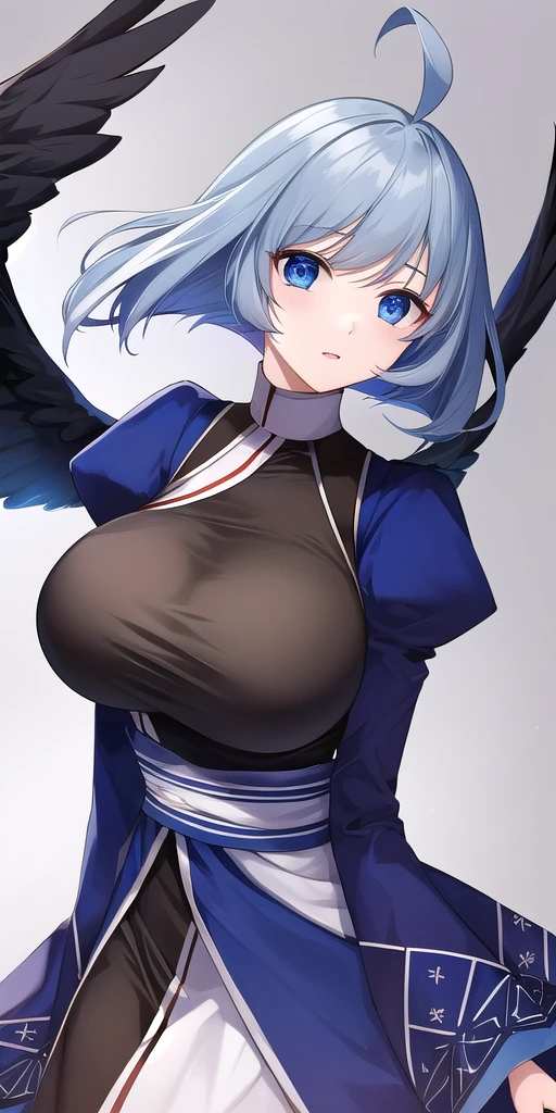 <lora:KamyuV5:.8> Kamyu_short_hair, huge_breasts, standing, solo, Black_china_dress_black_pelvic_curtain_white_overskirt_blue_detached_sleeves_puffy_long_sleeves_blue_sash_thighs, black_angel_wings, masterpiece, best_quality, detailed_face, detailed_eyes, highres, beautiful, detailed, absurdres,