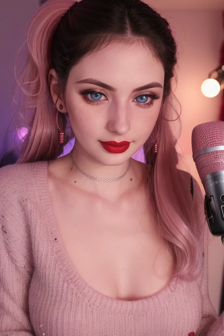 <lora:seyso-06:0.6>,seyso, ((red lipstick, blush, pale skin)), ((detailed eyes, beautiful eyes, detailed face, beautiful face):1.2), photo of a woman, RAW, ((sweater, home office, bedroom, broadcaster microphone)), ((twintails, short hair)),  8k uhd, dslr, soft lighting, high quality, film grain, Fujifilm XT3 sharp focus, f 5.6 , smiling