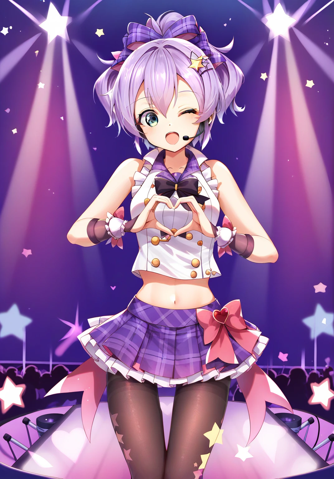 <lora:javelin_pony_v1.0:0.7>,javelin_\(azur_lane\),purple hair,ponytail, midriff, thighband_pantyhose, hair_bow, plaid_skirt, thigh_gap, headset, sleeveless_shirt, idol, suspender_skirt, plaid_bow , frills, star_hair_ornament, arm_warmers,;d, stage,one eye closed,stage light, singing, open mouth,heart hands, score_9, score_8_up, score_7_up, source_anime,