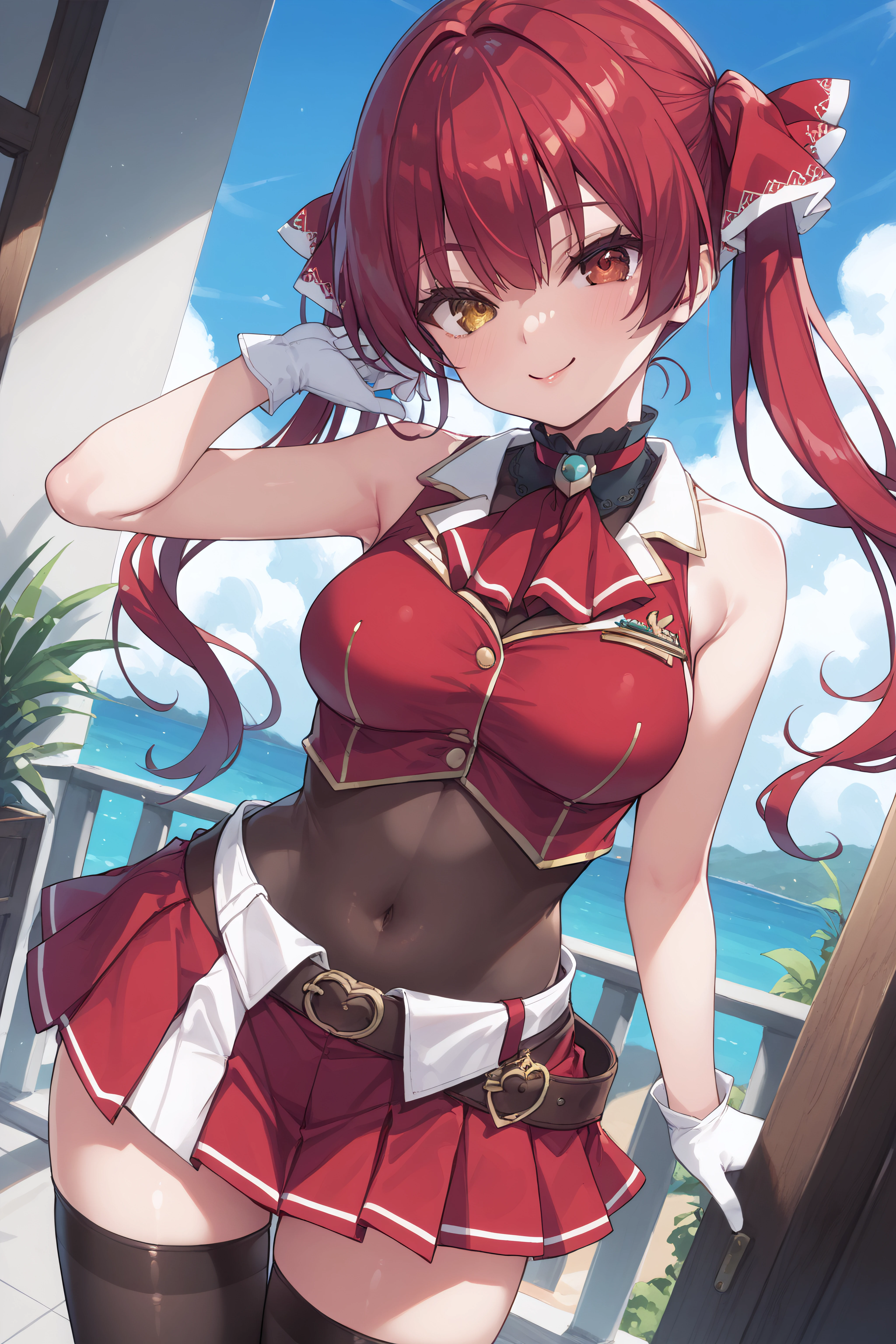 score_9, score_8_up, score_7_up, BREAK source_anime, <lora:Houshou Marine-PonyXL-lora-Faxtron:0.8> houshou marine, heterochromia, red eyes, yellow eyes, red hair, twintails, medium breasts, red ribbon, red top, sleeveless, black thighhighs, red skirt, belt, covered navel, white gloves, standing,