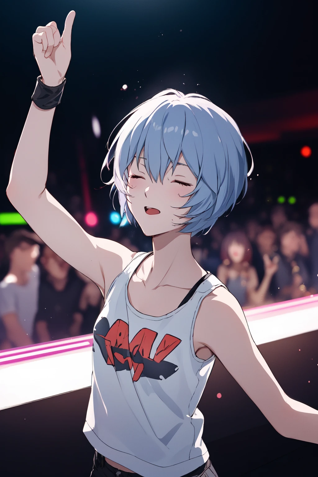 (RAW photo, best quality), 1girl,  natural lighting, 
 <lora:ayanami_rei_v1_2:1> ppayanamirei,
night club, eyes closed, rave party,