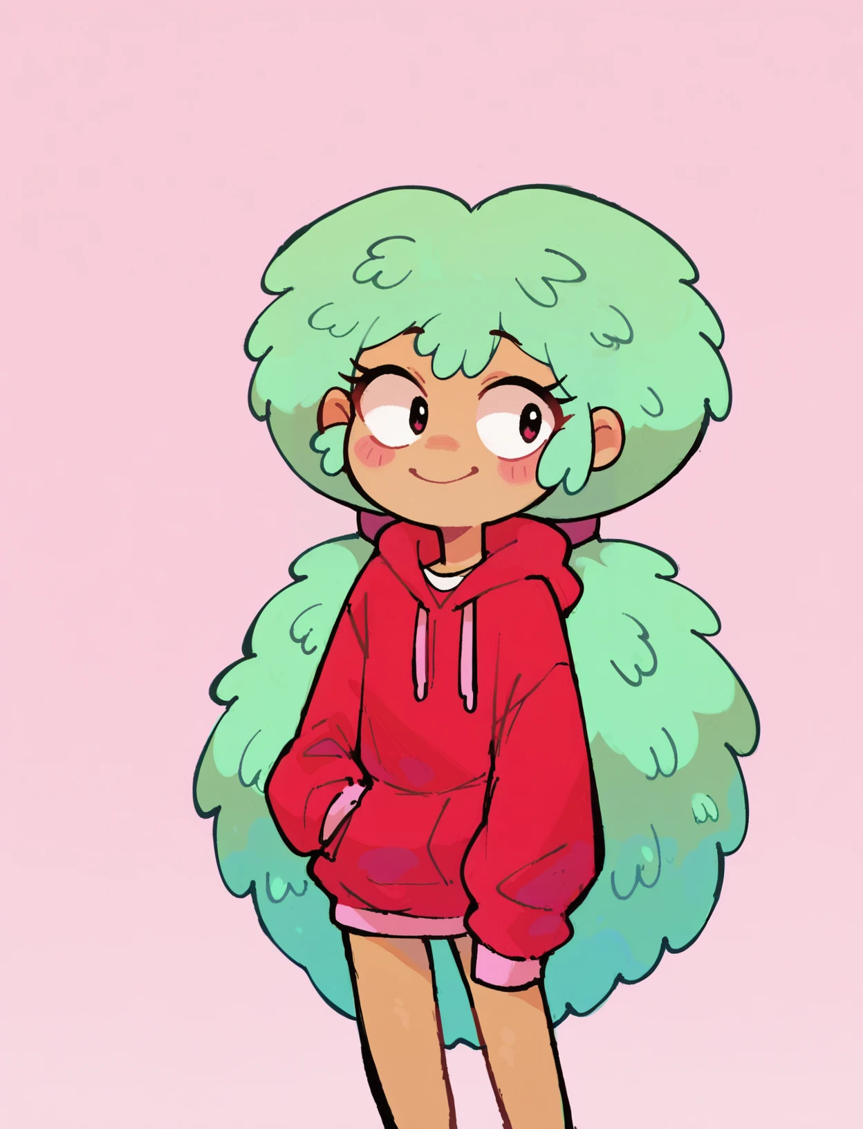 score_9, score_8_up, score_7_up, score_6_up, score_5_up, 1girl, <lora:Kelly_SVTFOE:1> kelly svtfoe, green hair, standing, red hoodie,  long sleeves, smile, long hair,  
pink background, <lora:possum machine_Pony_locon_e24:0.45>