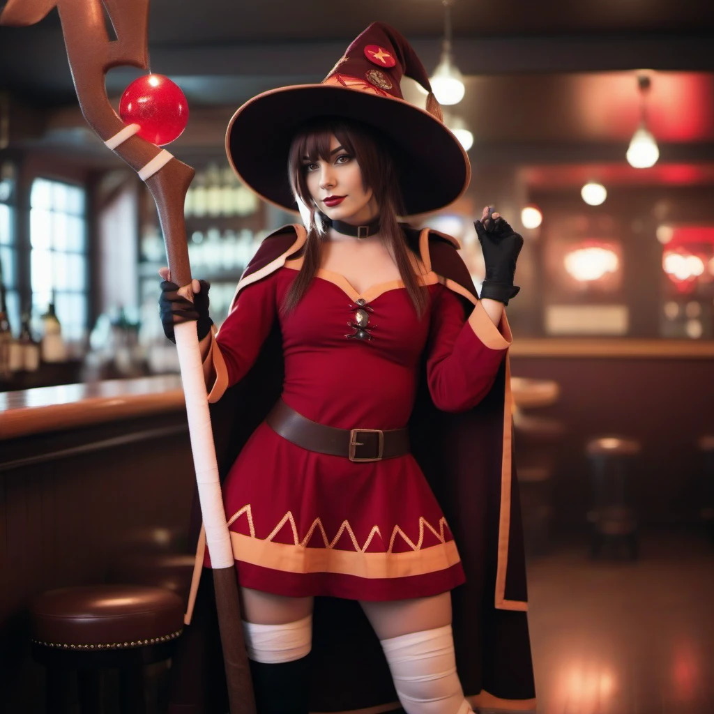 cinematic photo 1girl, witch hat,  blush, thighhighs, staff, fingerless gloves, bandaged leg, red dress, thighhighs, in a pub <lora:Megumin1024:0.8> . 35mm photograph, film, bokeh, professional, 4k, highly detailed