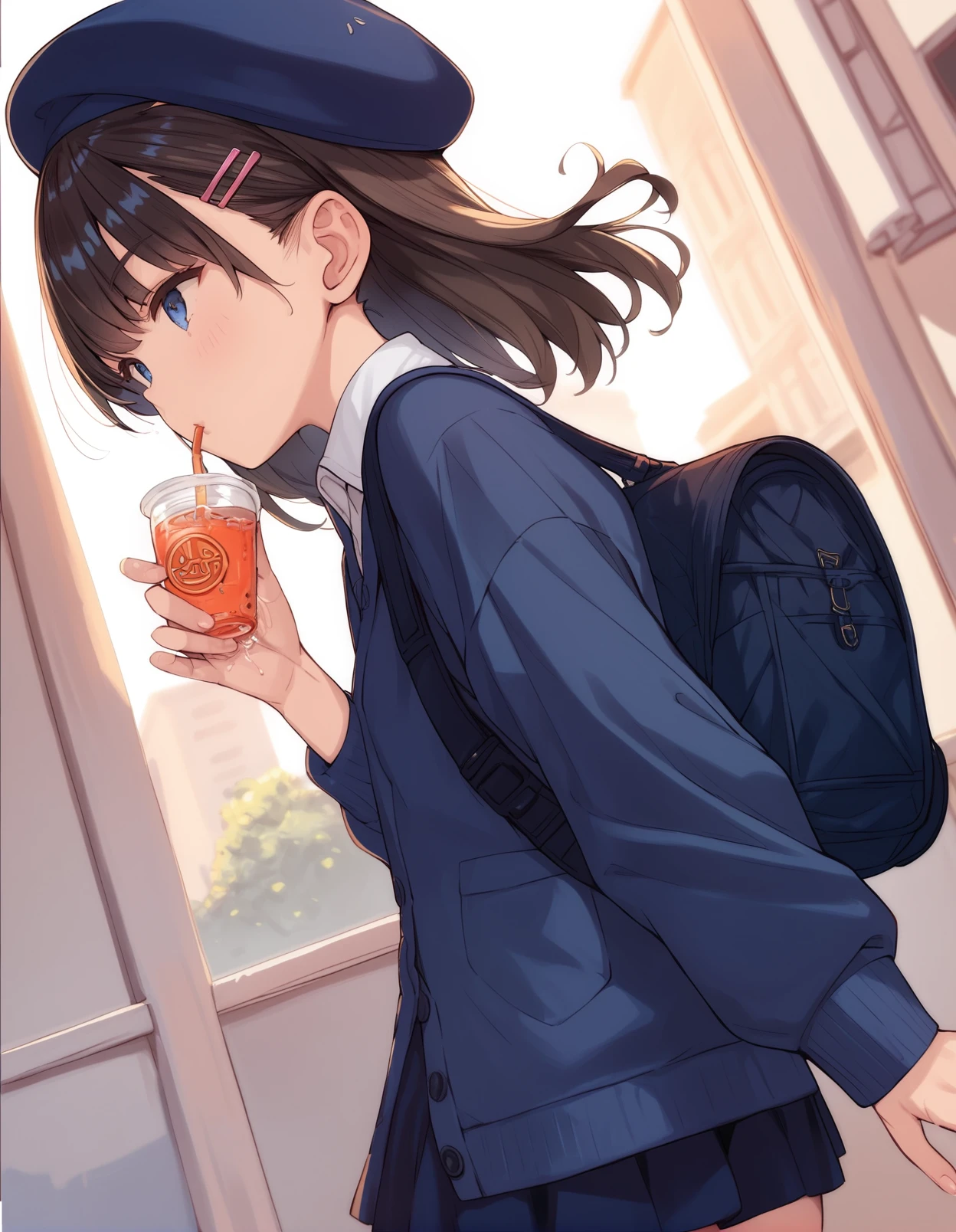 score_9, score_8_up, score_7_up,score_6_up,score_5_up,score_4_up,  1girl, medium hair, hairclip, blue beret, white collared shirt, blue skirt, brown hair, long sleeves,blue cardigan, paris, from side, drinking juice
 <lora:saeki_tatsuya_style_pony6_v1-000036:.9>