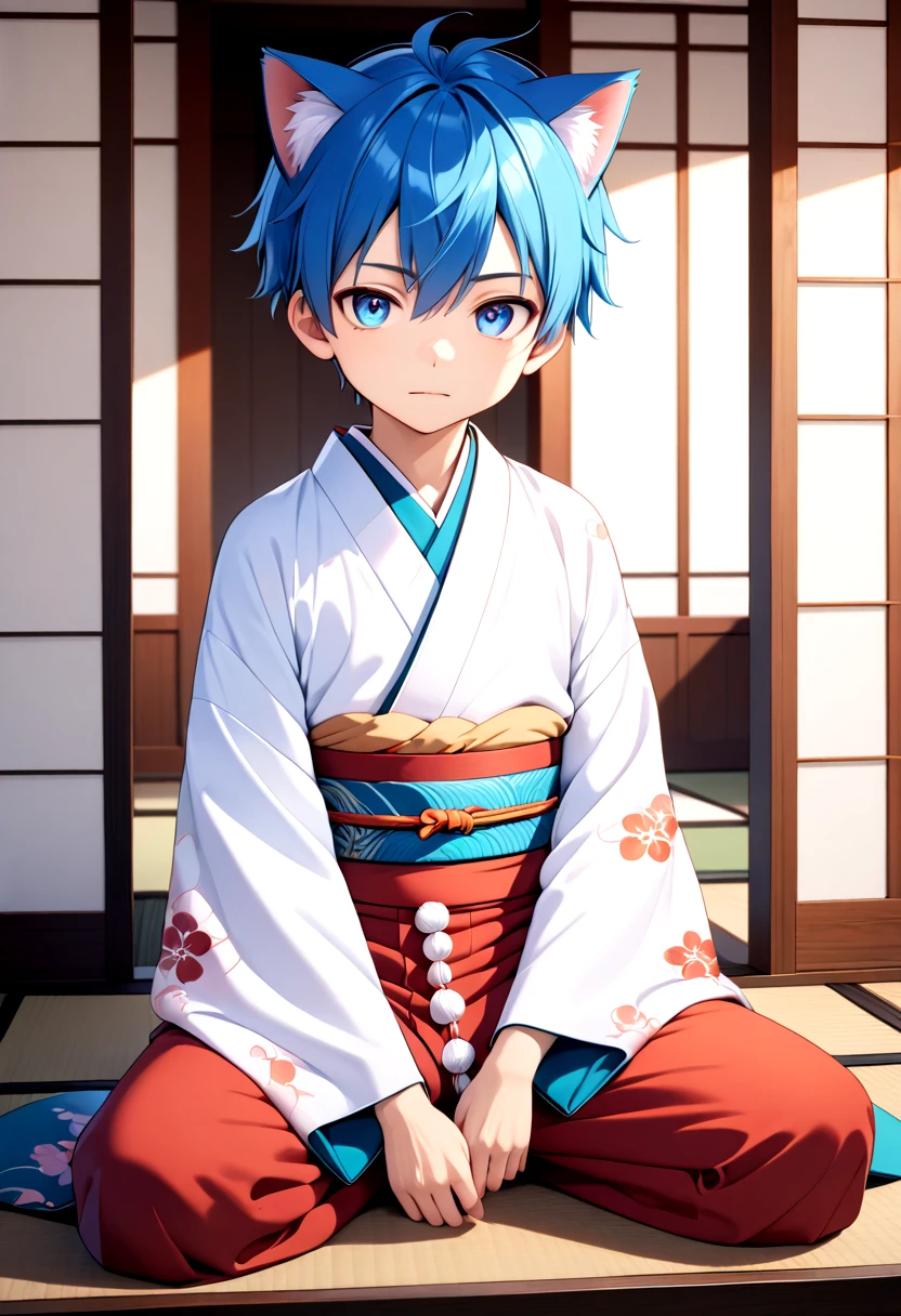 straight on shot, detailed eyes, village,
 <lora:cutifiedanimecharacterdesign_variant_type_G_SDXL_v10:0.7>, 1boy, type-g, cat boy, blue hair, Kimono, long pants, , leaning, sitting, standing
(masterpiece:1.2), best quality, high resolution, unity 8k wallpaper, (illustration:0.8), (beautiful detailed eyes:1.6), extremely detailed face, perfect lighting, extremely detailed CG, (perfect anatomy)
 <lora:age_slider_v4:1.4>,petite, young,