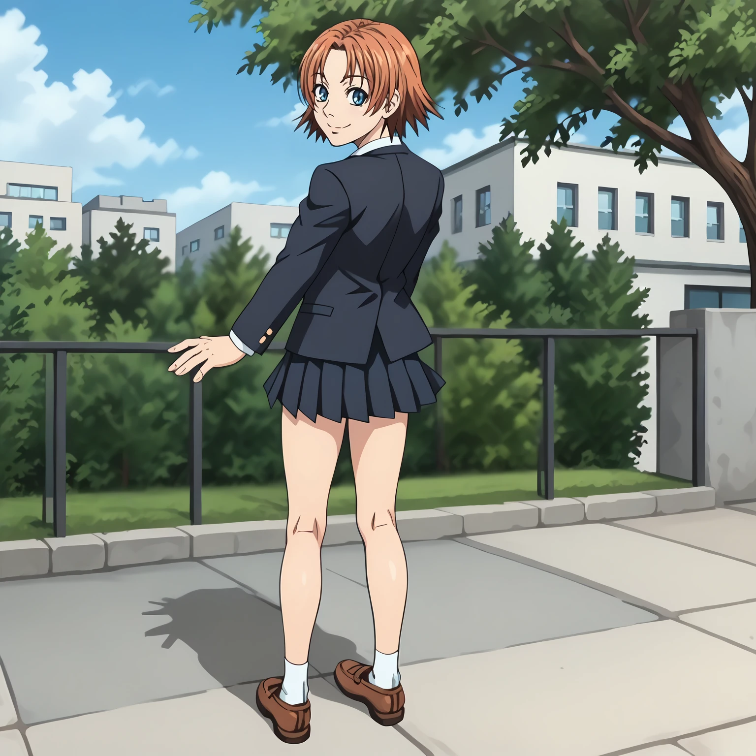 <lora:JoshiAoyamaXLpony002>,
smile,looking at viewer,
solo,
JoshiAoyama,1girl,orange hair,short hair,blue eyes,
school_uniform,blazer,
pleated_skirt,black skirt,
outdoors,
full body,standing,looking back,