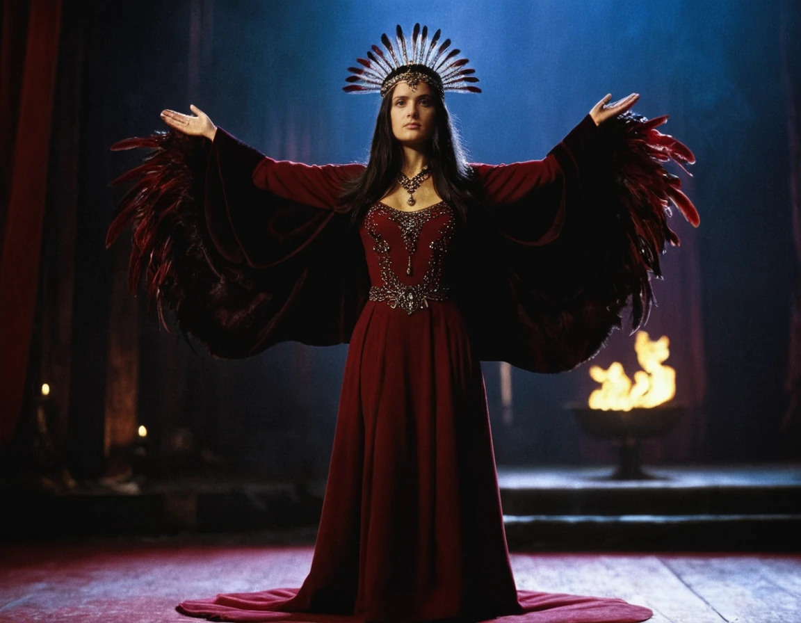 <lora:SalmaHayekSDXLv2:1>, slmhyk1 woman, cinematic shot ,solo, headdress, dark-red dress, long hair, jewelry, feathers, spread arms, flames, necklace, black hair, dark-red cape, standing on stage, movie scene, film grain,