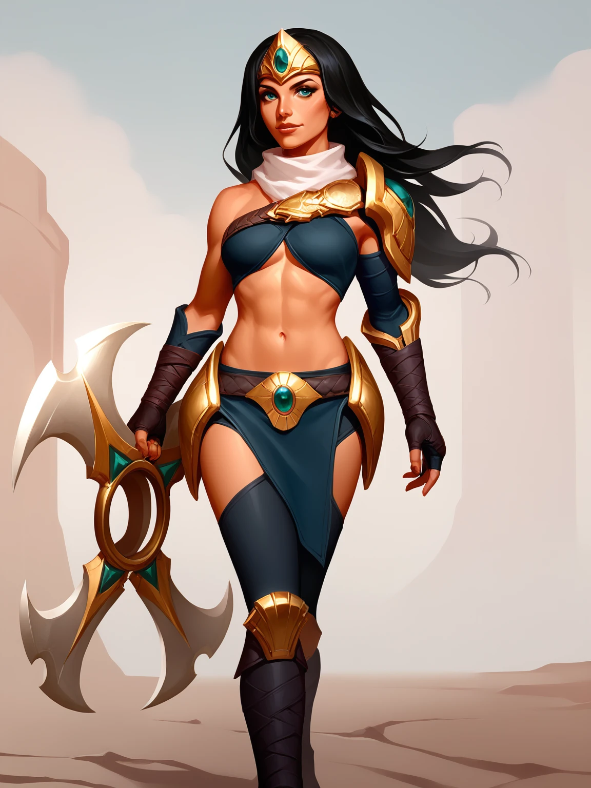 score_9, score_8_up, score_7_up, BREAK, Sivir, 1girl, solo, long black hair, goled diadem, white scarf, bandages on the chest, golden shoulder pad, armored shorts, armored bracers, black boots, golden boomerang  <lora:SivirNormal:1>