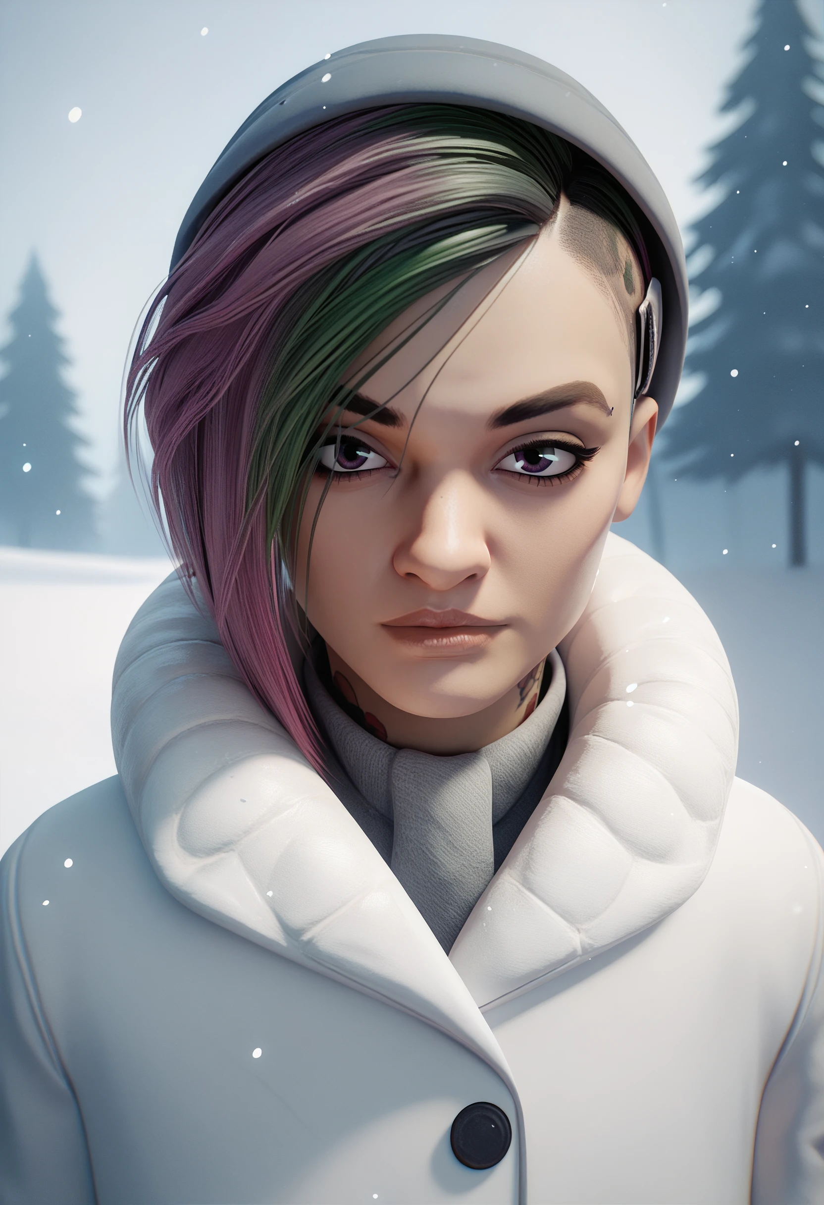 score_9, score_8_up, score_7_up, <lora:fugtrup-guy-PONY-LyCORISv1:1>, 3d, 1girl, solo, judy alvarez, winter clothes, winter coat, snow, depth of field, portrait, looking at viewer, snowing,