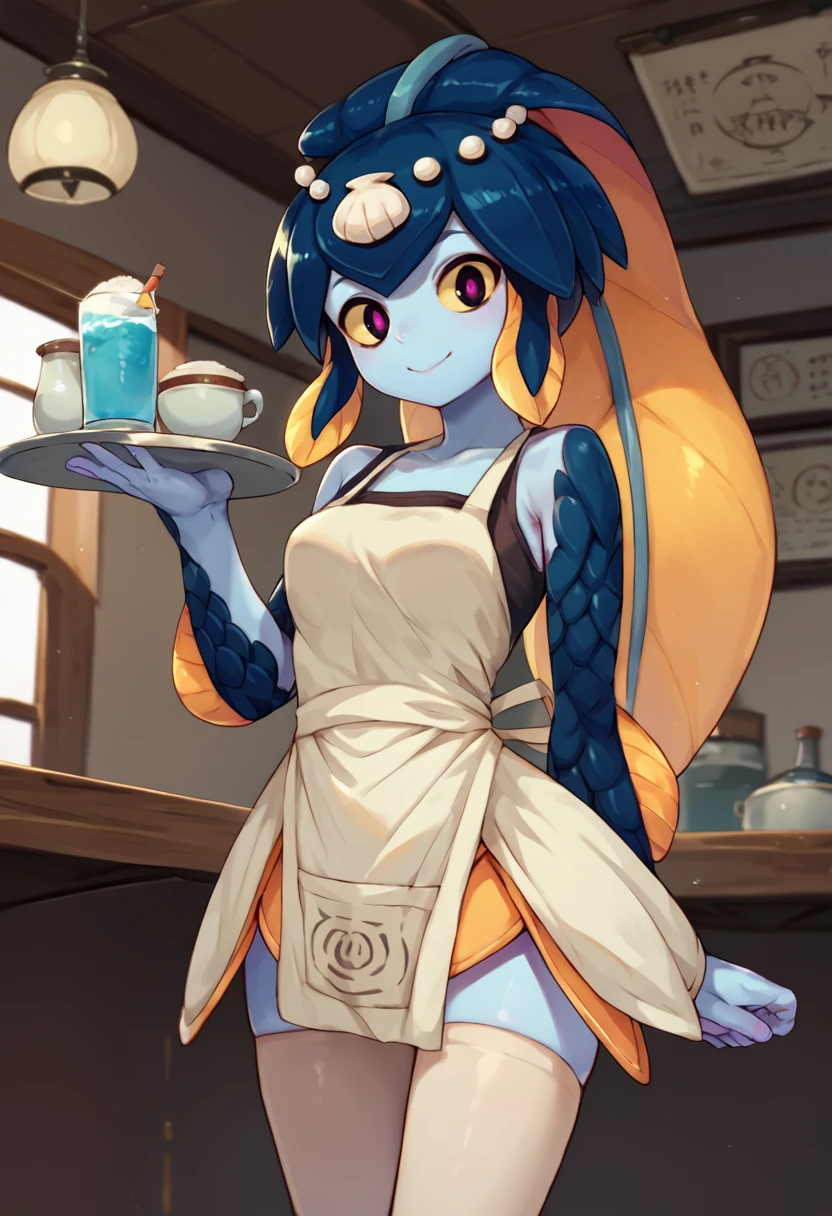 score_9, score_8_up, score_7_up, source_anime, solo, 1girl, minette, monster girl, fish girl, blue skin, scales, fins, smile, looking at viewer, holding tray, hair ornament, shell, yellow sclera, waitress, apron, white thighhighs, indoors <lora:skullgirls_minette_ponyXL:1>