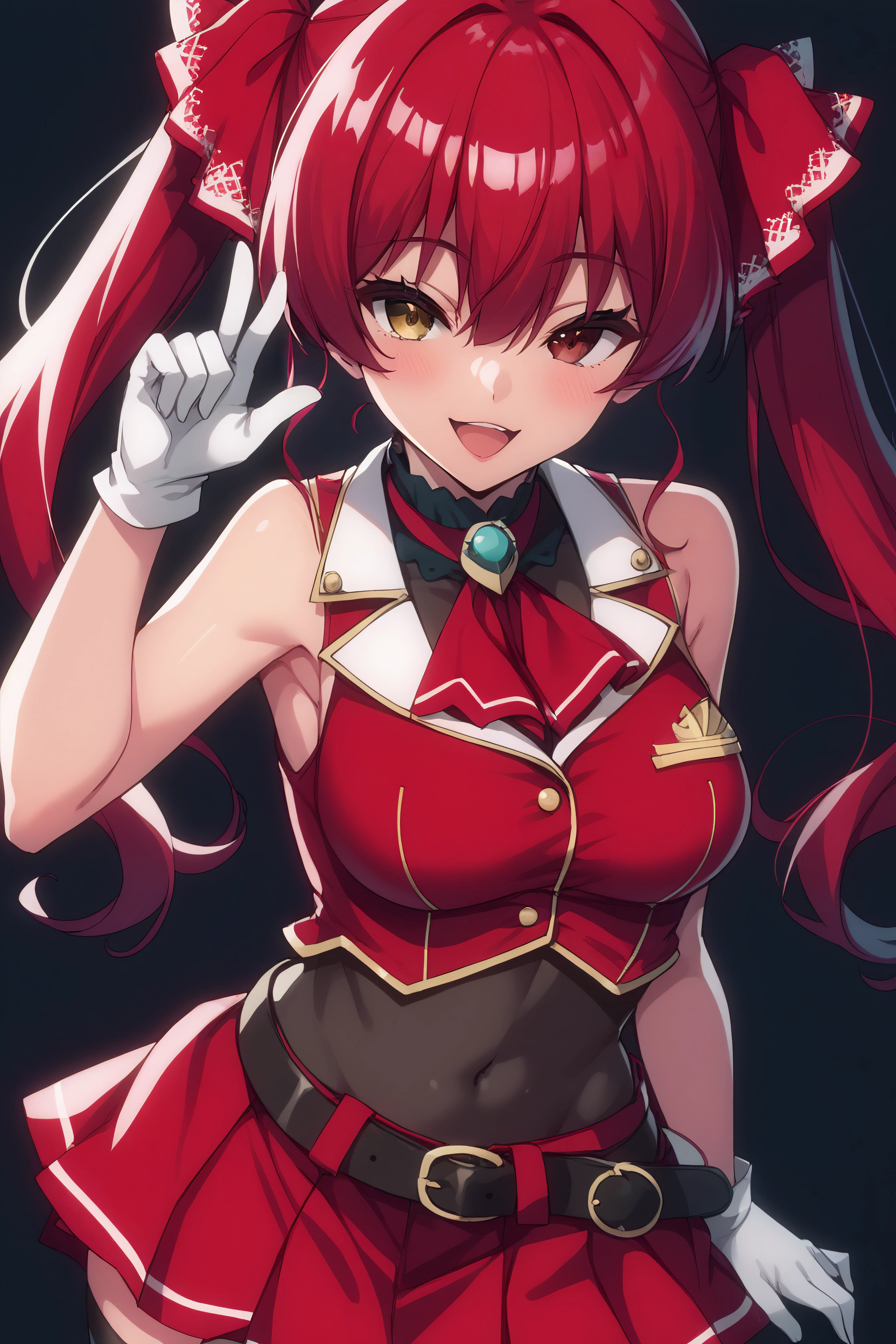 score_9, score_8_up, score_7_up, BREAK source_anime, <lora:Houshou Marine-PonyXL-lora-Faxtron:0.8> houshou marine, heterochromia, red eyes, yellow eyes, red hair, twintails, medium breasts, red ribbon, red top, sleeveless, black thighhighs, red skirt, belt, covered navel, white gloves,