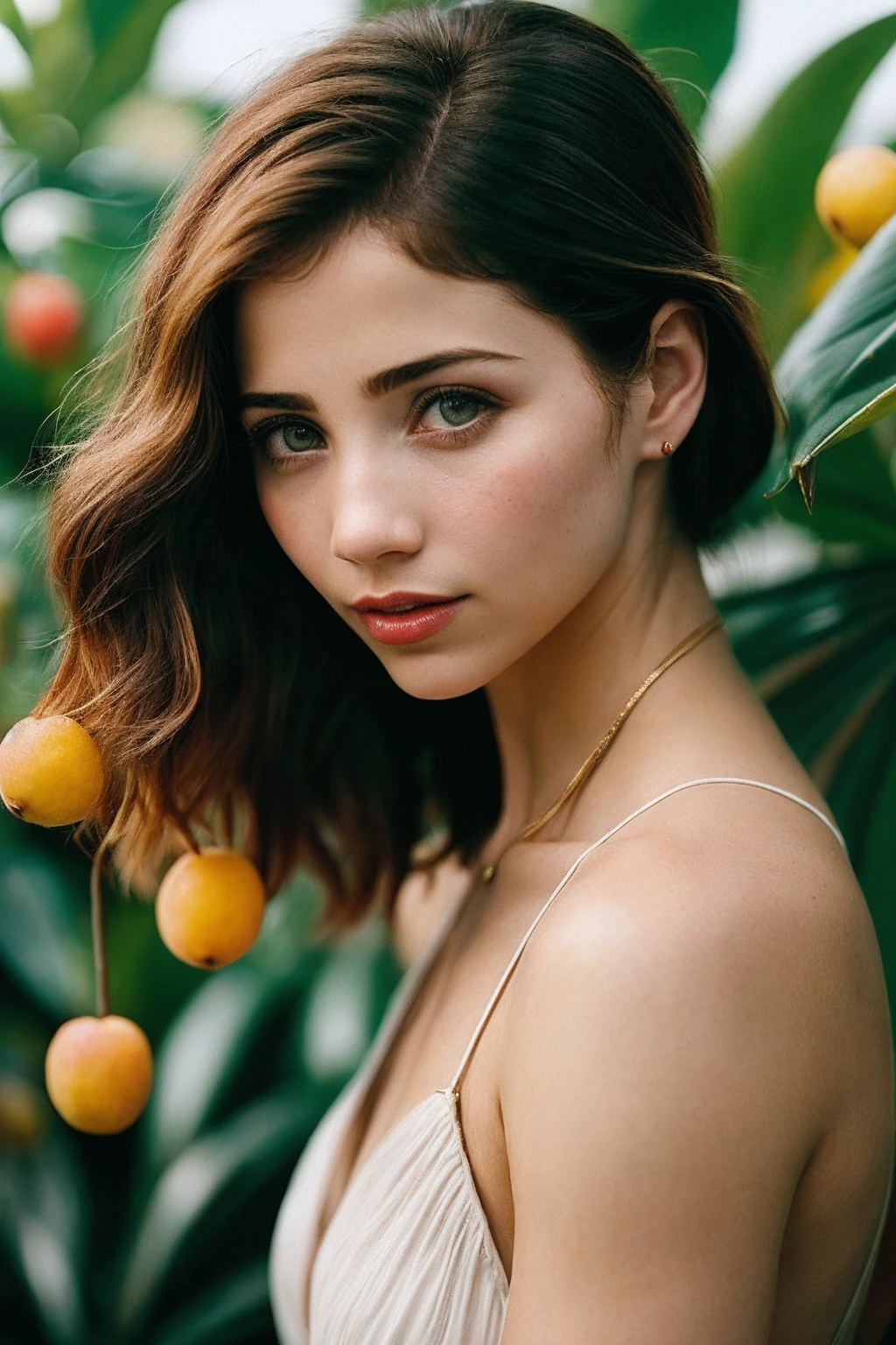 EmilyR_SoloTI_v1,
(In a vibrant tropical dress, with a hibiscus flower in her hair, for a lively and exotic look), ((A bustling tropical fruit market at midday, with an array of colorful fruits and the scent of ripe mangoes in the air, festive atmosphere)), (seductive:1.3),(analog, cinematic, film grain, hazy atmosphere, cinematic shot:1.3), (closeup portrait),