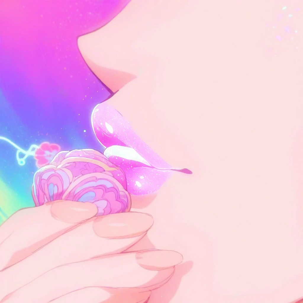 score_9,score_8_up,score_7_up,score_6_up,score_5_up,score_4_up, Tropicalrougeprecure, close-up, lips, pink lips, 1girl, solo, holding,