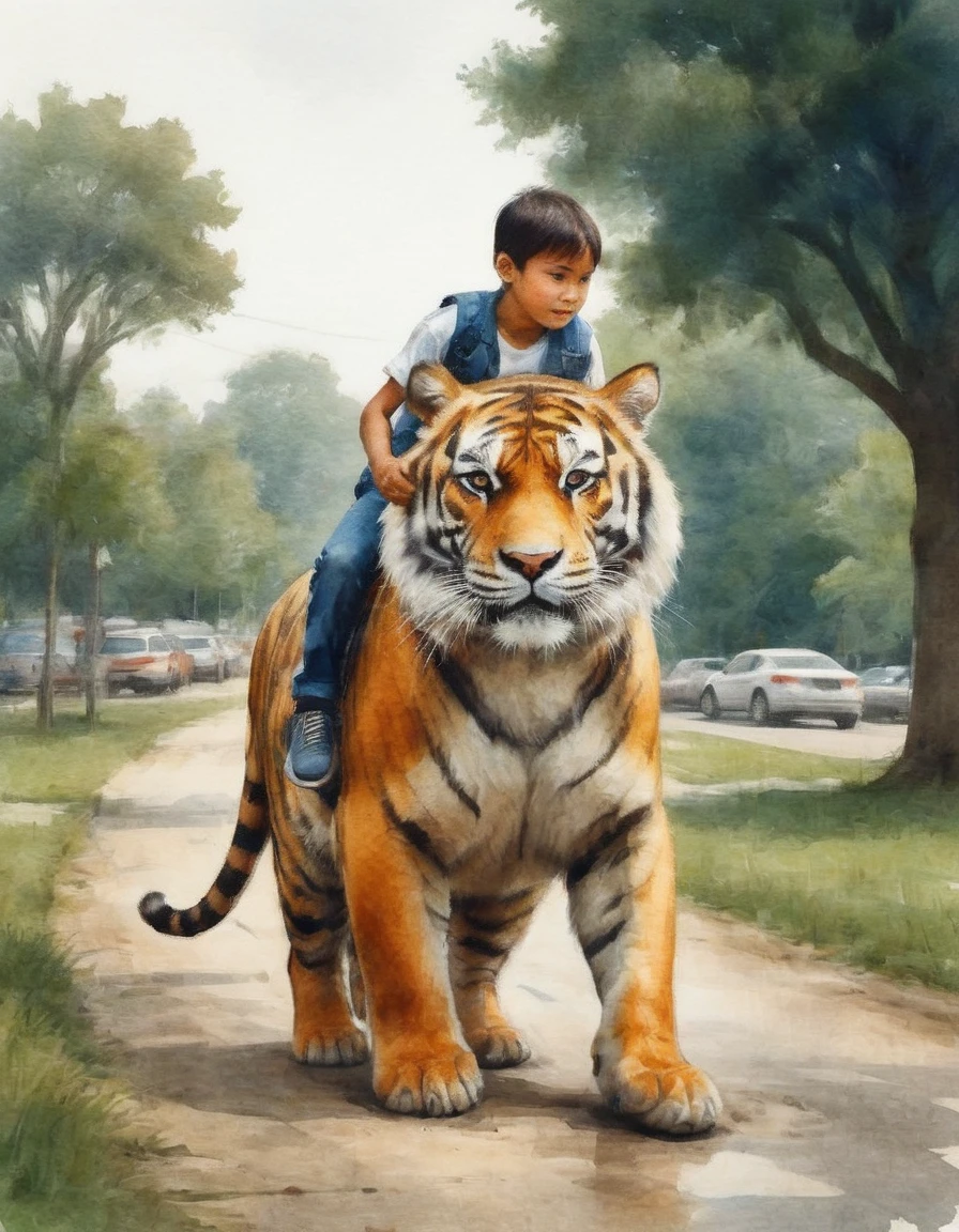 a riding on the back of a fierce tiger in a public park