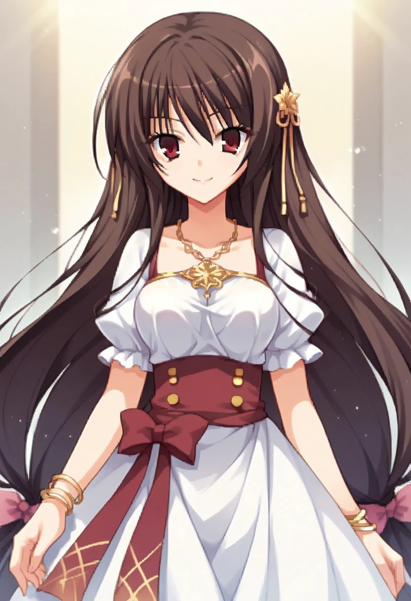 score_9, score_8_up, score_7_up, source_anime,unohana no sakuya hime, long hair, brown hair, red eyes, 1girl, dress, smile, jewelry, bracelet, bow, hair bow